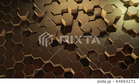 3D rendering of abstract hexagonal geometric golden surfaces in virtual space 3D rendering of abstract hexagonal geometric golden surfaces in virtual space 64663271
