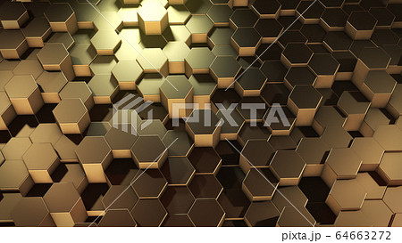 3D rendering of abstract hexagonal geometric golden surfaces in virtual space 3D rendering of abstract hexagonal geometric golden surfaces in virtual space 64663272