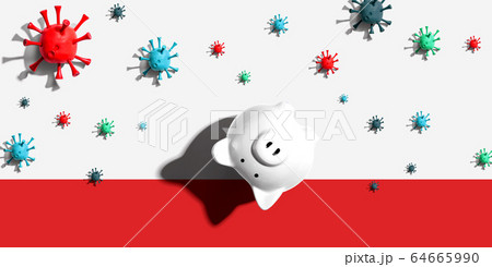 Upside down piggy bank with epidemic influenza and Covid-19 concept 64665990
