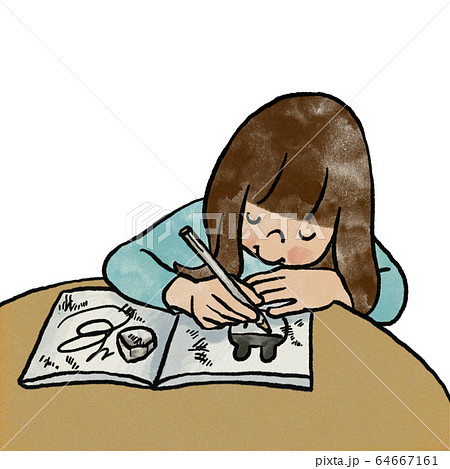 ノートに絵を描く女の子のイラスト素材