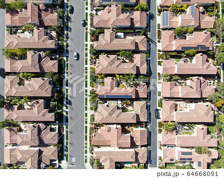 Aerial view suburban neighborhood with identical villas next to each other. San Diego, California Aerial view suburban neighborhood with identical villas next to each other. San Diego, California 64668091