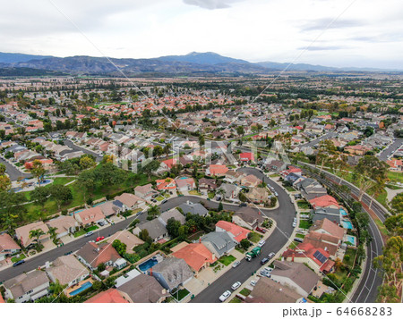 Aerial view of large-scale residential neighborhood, Irvine, California 64668283
