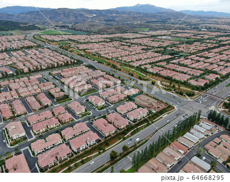 Aerial view of large-scale residential neighborhood, Irvine, California 64668295