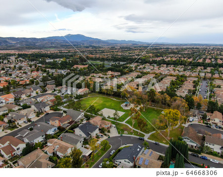 Aerial view of large-scale residential neighborhood, Irvine, California 64668306