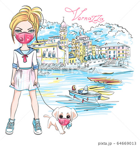 Baby girl walk a dog on quarantine 64669013