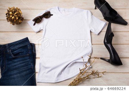 Womens T-shirt mockup with black heels 64669224