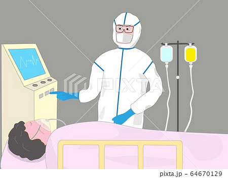 ウイルスの感染で重症になり入院している患者を治療している医師 のイラスト素材