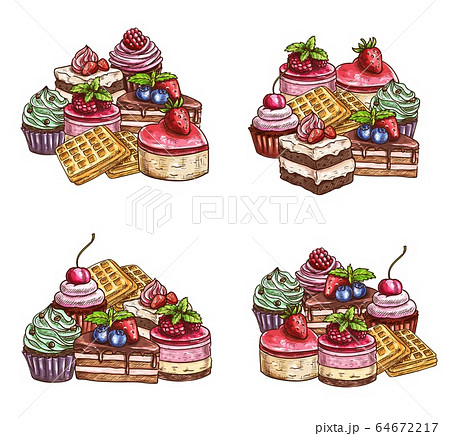 Patisserie cakes, pastry sweet desserts, sketch 64672217