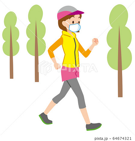 マスクをつけてウォーキングする女性のイラスト素材