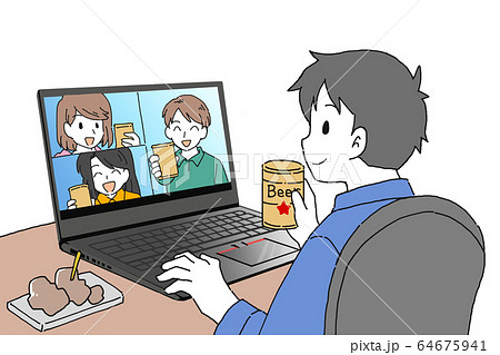 オンライン飲み会を楽しむ男性のイラスト 64675941
