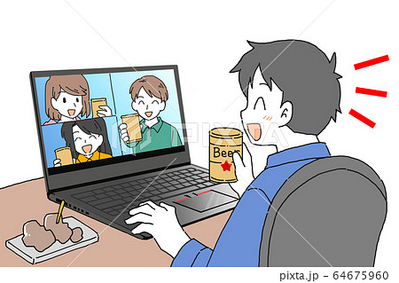 オンライン飲み会を楽しむ男性のイラスト 64675960