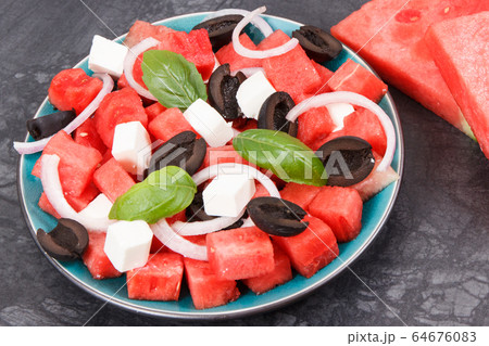 Salad of watermelon and feta cheese Salad of watermelon and feta cheese 64676083