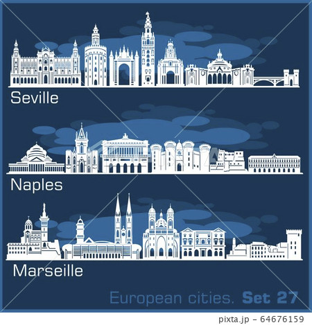 European cities - Naples, Seville, Marseille. Detailed architecture. 64676159