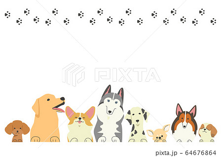 前足を乗っけているいろいろな種類の犬たちと足跡のフレームのイラスト素材