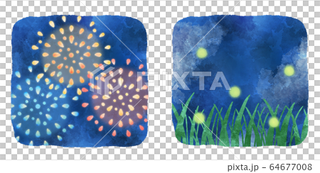 夏の夜 花火と蛍 水彩風イラストのイラスト素材