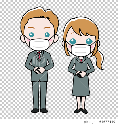 マスクを付けたスーツ姿の男女	 64677449