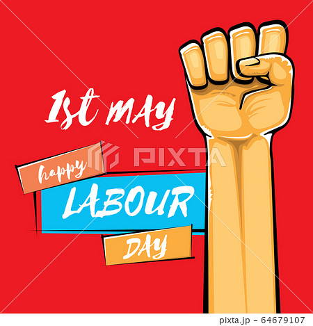 Happy labour day vector label with strong orange fist isolated on red background. vector happy labor day background with man hand. red workers may day poster 64679107