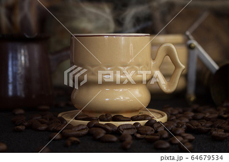Vintage Coffee Cup, Pot, Grinder With Coffee Beans 64679534