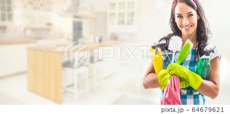 Beuatiful woman standing in the right third of a Beuatiful woman standing in the right third of a 64679621