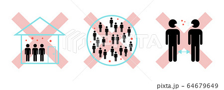 コロナウイルス予防の避けるべき３密、密閉空間、密集空間、密接空間のイメージ図 64679649