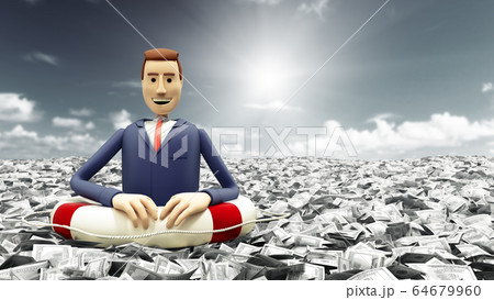 cartoon businessman floating in a sea of money 64679960