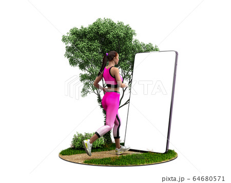 fitness app concept girl runs on nature looking fitness app concept girl runs on nature looking 64680571