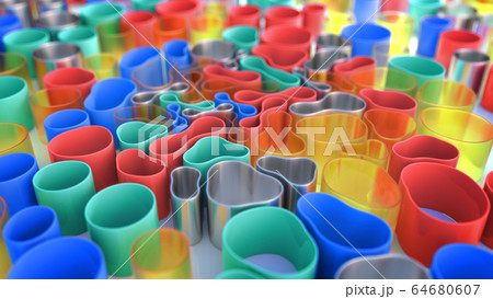 Multicolored 3D composition. Soft cylindrical tubes are drawn to the center, deformed when moving. 64680607