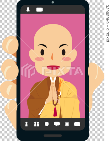 手 スマホ画面 オンライン僧侶 お坊さん 袈裟  64680670