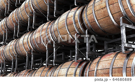 Wooden barrels on stacks 3d illustration 64680889