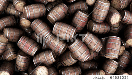 Wooden barrels pile background 3d illustration 64681032
