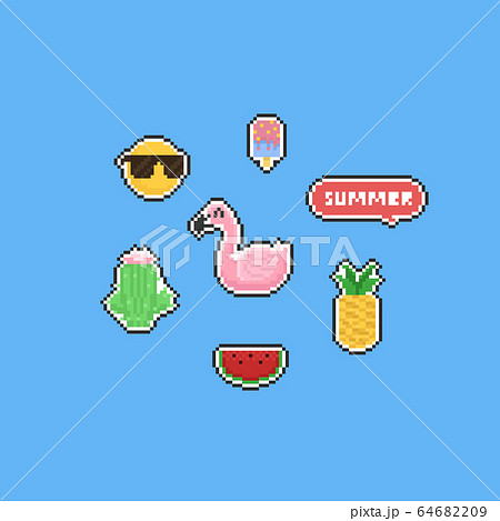 Pixel Summer Elements Set Tropical 8bit のイラスト素材 6469