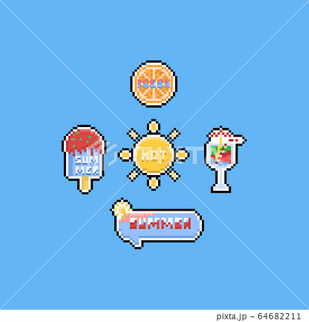 Pixel Summer Elements With Text 8bit のイラスト素材