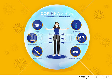 Cartoon female character with infographic icons Cartoon female character with infographic icons 64682943
