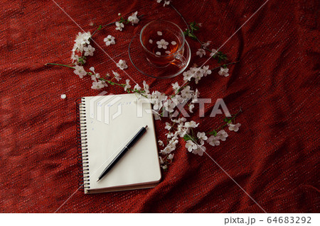Time for tea, empty notebook, pen and cherry Time for tea, empty notebook, pen and cherry 64683292