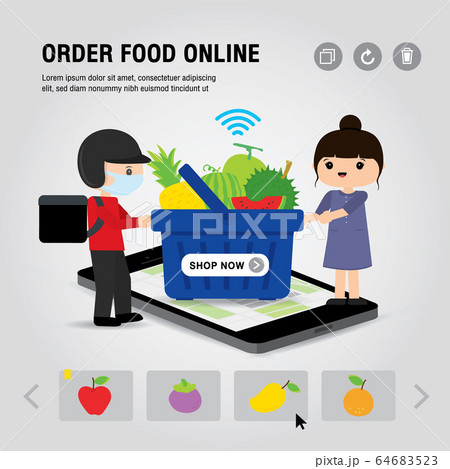 Online Food Delivery Service Concept Cartoon Vector illustration. Mobile or Smartphone open app for Online food order infographic. COVID-19. Quarantine in the city. 64683523