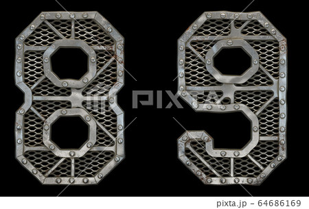 Mechanical alphabet made from rivet metal with gears on black background. Set of numbers 8 and 9. 3D Mechanical alphabet made from rivet metal with gears on black background. Set of numbers 8 and 9. 3D 64686169