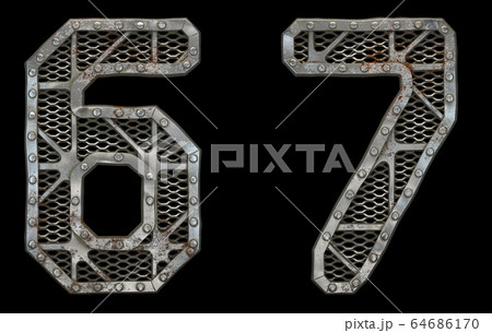 Mechanical alphabet made from rivet metal with gears on black background. Set of numbers 6 and 7. 3D 64686170