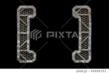 Mechanical alphabet made from rivet metal with gears on black background. Set of symbols left and right square bracket. 3D 64686181