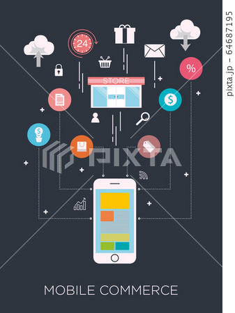 Technology concept idea, e-commerce on mobile and shopping online concept on dark background, flat line vector and illustration. 64687195