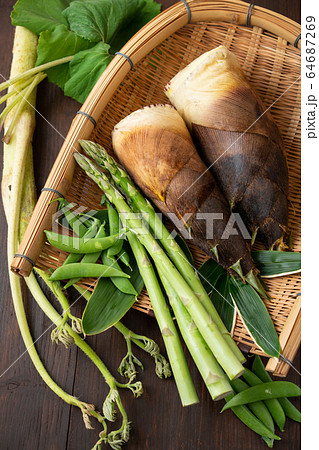 ザルに盛られた春野菜 64687269