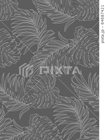 Patterns line arts of tropical leaves nature and plants are similar palm trees and ferns on gray background, flat line vector and illustration. 64687421