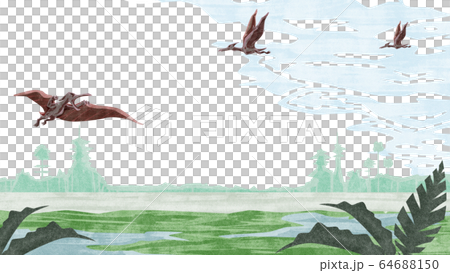 湿地帯上空を飛ぶプテラノドン 64688150