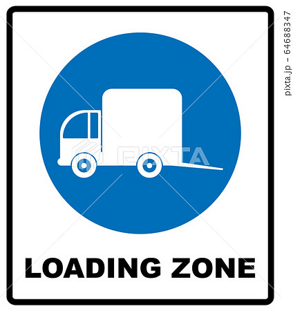Loading zone sign. Vector illustration isolated on white. Blue mandatory symbol with white pictogram and black text. Notice informational banner 64688347