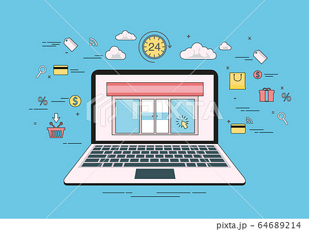 Technology concept idea, e-commerce and online shopping 24 hour on laptop, flat line vector and illustration. 64689214
