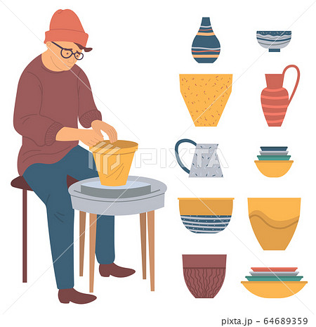 Hipster Man Making Pots From Clay Pottery Hobby 64689359