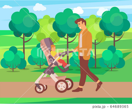 Father Walking with Toddler Kid in Perambulator Father Walking with Toddler Kid in Perambulator 64689365