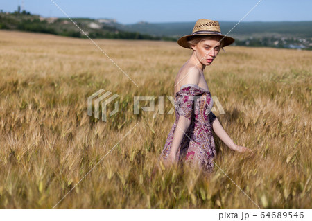 portrait of a beautiful fashionable woman in a field of wheat harvest 64689546
