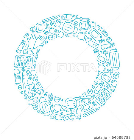 Hand drawn monoline Pharmacy doodle set background in vector frame. Collection design elements with place for your text 64689782