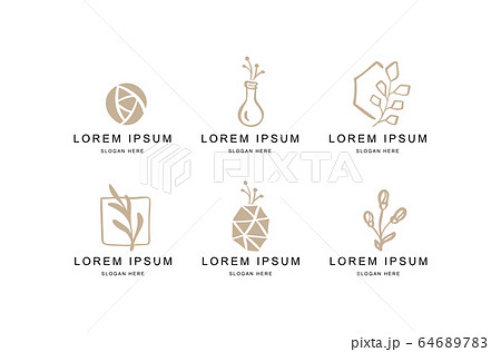 Abstract Floral Vector Signs or Logo Templates Set. Retro Feminine Hand Drawn Illustration Emblems for Beauty Salon, SPA or Wedding Boutiques Isolated 64689783