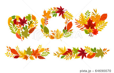 Autumn Foliage Arranged in Frames and Shaped Compositions Vector Set 64690070